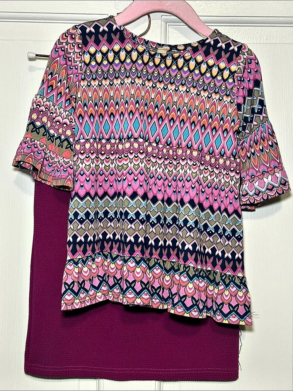 Girls Geometric Skirt Set in Pink & Purple